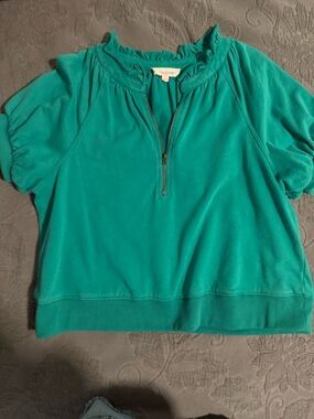 Peach Love California Green Half-Zip Ruffle Collar Sweatshirt